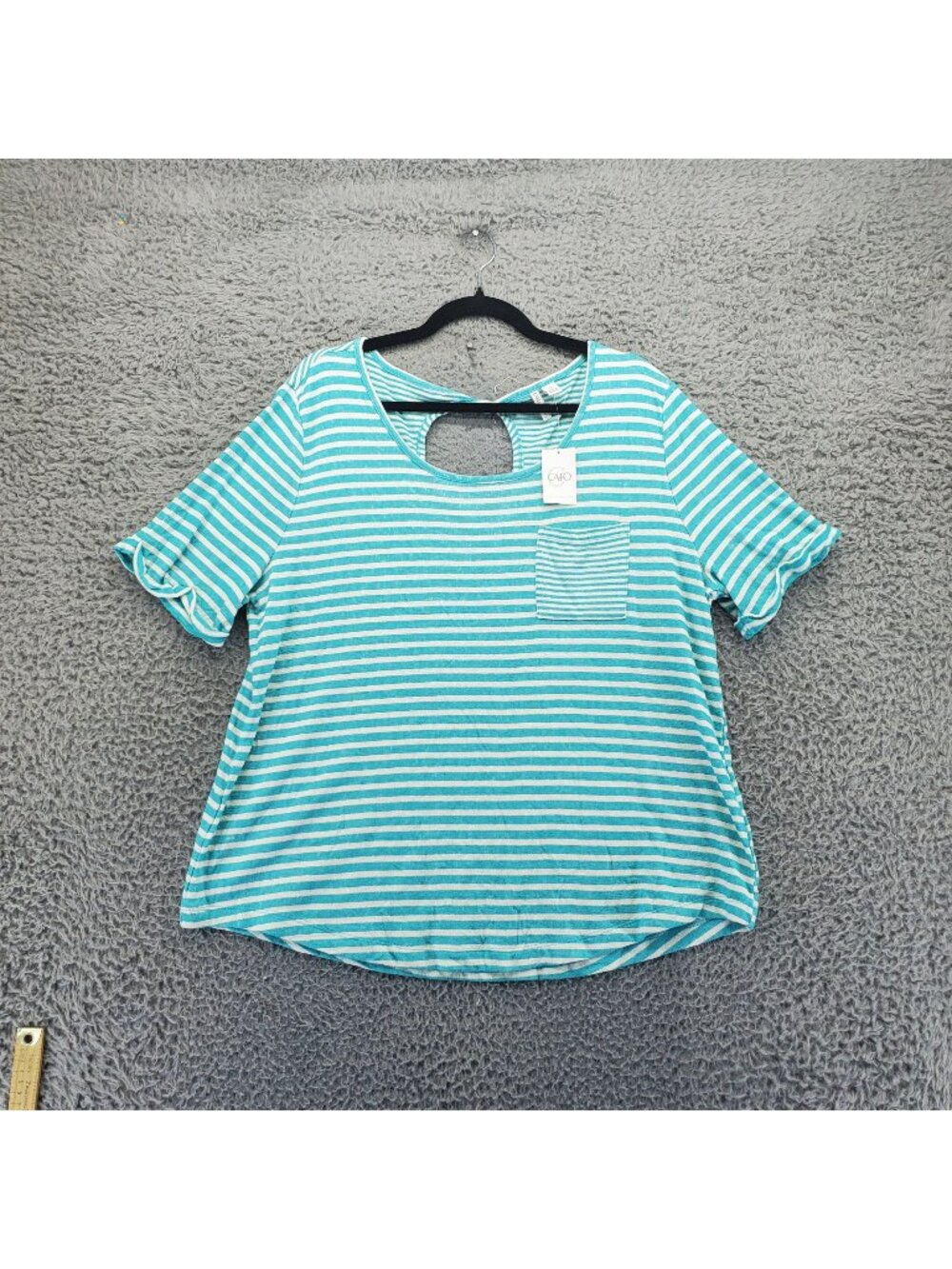 Cato Top Womens XL Blue Striped Front Pocket Keyhole Back Short Sleeve *NWT*